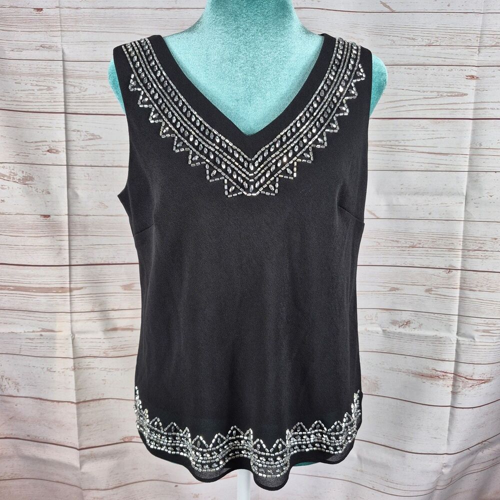 R&M Richards Women’s Size 12p Black Blouse Top Silver Bead Embellished Occasion
